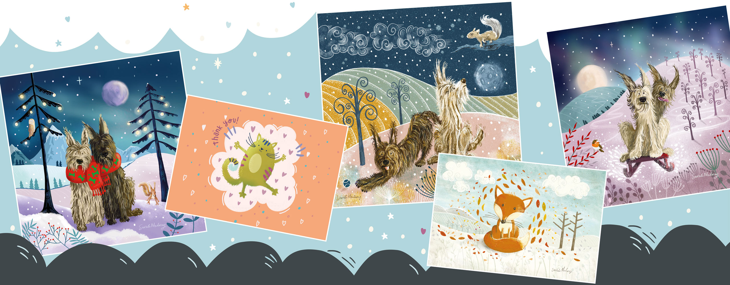 Art banner featuring wildlife, cat, dog and nature illustrations by Kent artist Sarah Medway